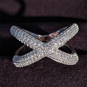 US Size 5-10 Wedding Rings Handmade Luxury Jewelry 925 Sterling Silver Pave White Sapphire CZ Diamond Gemstones Party Eternity Women Cross Band Ring For Lover Gift