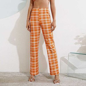 Современные оранжевые плед печать Широкие брюки для ног подталкивают муджеру Pantalones высокая талия проверенные брюки прямые длинные брюки для женщин Q0801