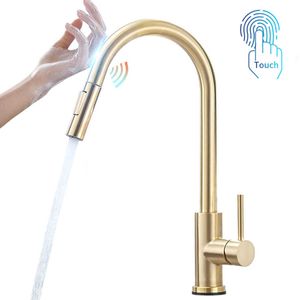 Sensor Küchenarmaturen gebürstetes Gold Smart Touch Induktiver empfindlicher Wasserhahn Mischbatterie Einhandgriff Dual-Outlet-Wassermodi 1005J 210724