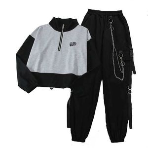Autumn Sports Cargo Pant's Fashion Two-piece Suit Pullover+Chian Women 210531