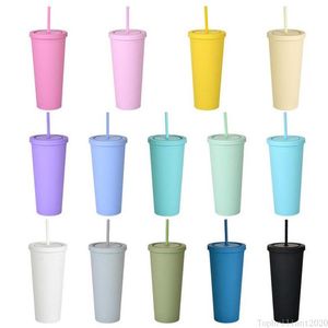 22 oz Tumblers Mat Renkli Akrilik Su Şişesi Kapakları ve Payetli Çift Duvar Plastik Resuable Cups FY4489