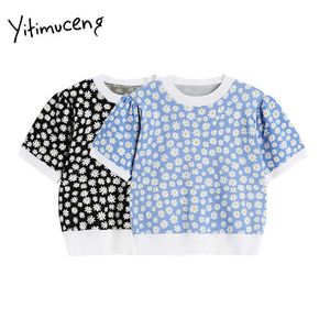 Yitimuceng Floral T Shirts Woman Straight Tees Puff Sleeve O-Neck Tops Blue Black Summer Fashion Knitted Tshirts 210601