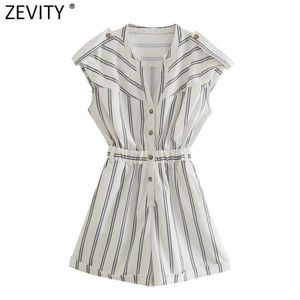 Zevity Women Fashion Striped Print Casual Playsuits Female Elastic Waist Buttons Shorts Siamese Chic Pockets Rompers P1127 210603