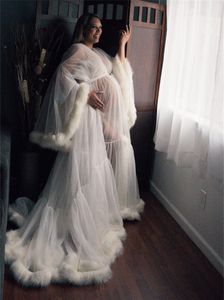 White Fur Maternity Dresses Photo Shoot Tulle Matching Feathers Pregnancy Prom Dress Photography Props Maxi Gown for Pregnant Women