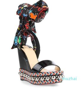 Levantine Wedge Sandal com Arco Graffiti Ankle Strap Gladiador de Alta Qualidade Sandalias Mujer EU35-42