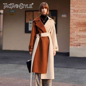 TWOTWINSYLE Hit Color Tweed Coat For Women Lapel Long Sleeve Asymmetrical Thick Windbreaker Female Autumn Fashion Clothing 210524