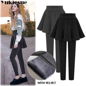 Fleece Lady Warm Skinny Pants for women Plus Size 5XL 6XL Skirt + Long Trousers Women Black Winter Leggings fake 2pieces 210519