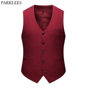 Mäns Bröllop Brudgum Röd kostym Vest Slim Fit V Neck Ärmlös Klänning Västar Waistcoat Male Single Breasted Chaleco Hombre 210522