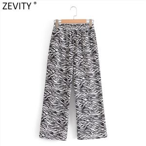 Mulheres Vintage Zebra Listrado Impressão Largo Perna Calças Elásticas Cintura Elástica Casual Ankle Comprimento Calças Pantalones Mujer P979 210416