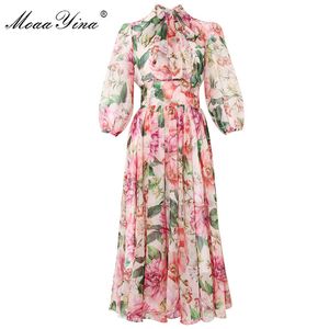 Мода дизайнерское платье весна летние женщины платье лук воротник роза цветочные принты элегантные каникулы шифоновые платья 210524