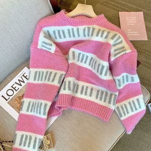 Kobiety swetry zimowe pullover vintage słodkie dzianki skoczki koreański elegancki paski o szyja sueter młower