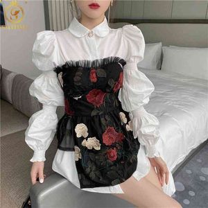Women Vintage Design Shirt Turndown Collar Long Sleeve Blouse +Mesh Embroidery Flower Tube Top Fashion Clothing 2 Piece Set 210520