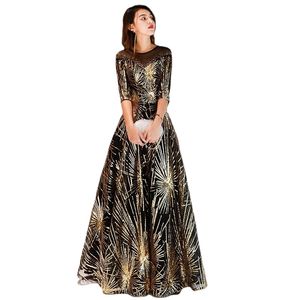Evening Dresses Robe de soiree vestido de noite ouro lantejoulas cristal o-pescoço preto floor-length jantar vestidos ru56