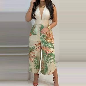 Mulheres Calças de Verão Set Casual Sem Mangas Tropical Cópia Crop Top Long Wide Leg Calças Definir férias 2Pcs Set 210521