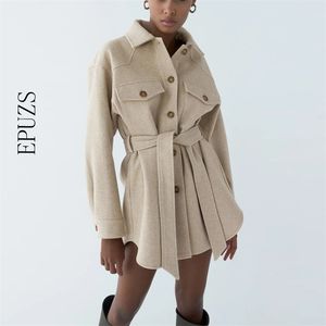 winter thick Tweed jacket women coat casual sashes long sleeve vintage female 210521