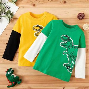 Przyjazd Spring and Autumn Toddler Boy Dzieci Dinozaur Drukuj Tee z długim rękawem na żółty zielony kolor 210528