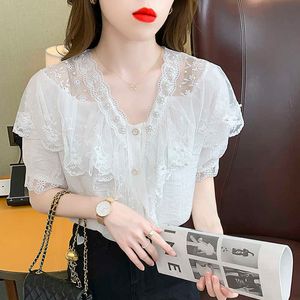 Sommar Koreanska Chiffon Kvinnor Blusar Kontor Lady T Shirts Elegant Lace Kortärmad Kvinna Skjorta Plus Storlek XL Vit 210531