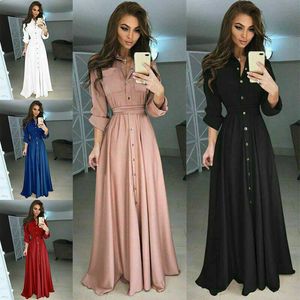 Sexig lapel maxi klänning kvinna casual långärmad solid elegant lång fest klänning mjuk touch höst vinter pläterade klänningar robe 210527