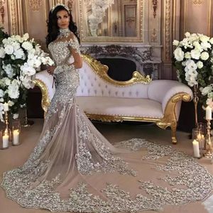 Yaz Yüksek Yaka Mermaid Gelinlik Boho Uzun Kollu Kat Uzunluk Trompet Robe De Mariee Aplikler Dubai Afrika Gelinlikler Custom Made Elbise Vintage 2021