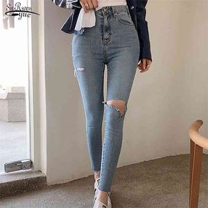 Winter Simple Ripped Holes Skinny Jeans Light Blue Women Denim Pants Female Trousers High Waist Stretch Long 10406 210521