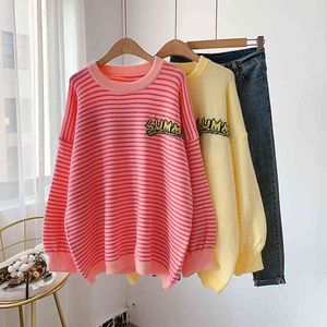 H.SA Winter Pullover for Women Oversized Striped Jumpers Yellow Pink Cute Sweaters Letters Printed Casual Knitted Pull 210417