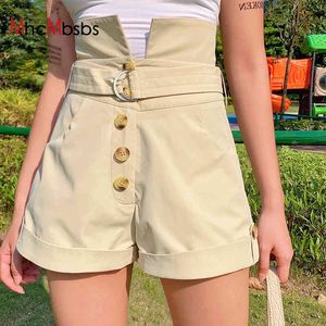 Sexig Khaki Patchwork Button Up Shorts Kvinnor Hög midja med Sashes Casual Slim Kvinna Sommar Y2K Kläder Mode 210517