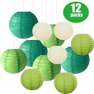 12 sztuk / zestaw papieru papieru z asortowanymi rozmiarami Round Mix Colors Green Beige Chinese Paper Lampion Wedding Party Decor Q0810