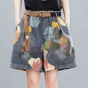 Kvinnors sommarmode överdimensionerad blommig tryckt vintage bred ben kvinnlig casual trendig streetwear elastisk midja lös denim shorts 210714
