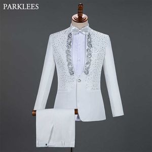 White Embroidered Suit Men Diamond Wedding Groom Tuxedo Suits Men Stage Singer Costume Homme Party Prom Mens Suits with Pants X0909