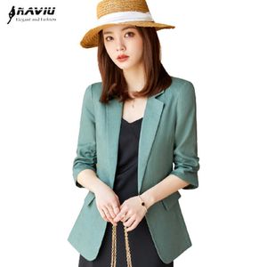 Cotton Linen Green Blazer Women Summer Fashio Casual Slim Half Sleeve Jacket Office Ladies Work Coat 210604