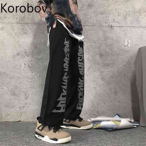 Korobov Korean Ins Retro Streetwear Unisex Wysokiej Talii Hip Czarny Proste Spodnie Listu Patchwork Casual Pantalones Lato 2B104 210430