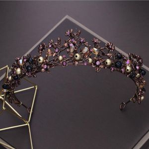 Kmvexo Baroque Roxo Crystal Grânulos Flower Tiaras Princesa Rainha Headband Pageant Coroas Nupcial Casamento Cabelo Jóias Acessórios