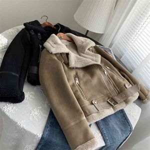 Winter Women Suede Lambswool Biker Jackets Vintage Coat Sashes Casual Warm Loose Faux Leather Motor Outwear Tops 210430