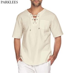 Letnie koszulki z krótkim rękawem mężczyźni moda koronki w górę casual plaża koszule męskie lekkie oddychające top bluzka chemise homme 210522