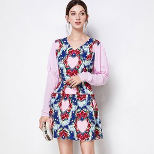 Women's Runway Dresses Sexy V Neck Long Sleeves Floral Printed Elegant Fashion Short Dress High Street Vestidos