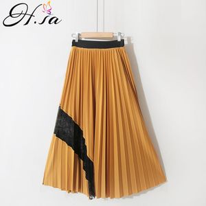 Hsa Women Spring Summer Pleated Long Faldas Lace Stitch High Waist Yellow Green Chic Streetwear Skirts Loose Jupes 210417