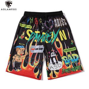 Aolamegs Shorts Men Cartoon Flame Graffiti Print Beach Knee-length Hip Hop Bermuda Style Elastic Waist High Street Summer 210714