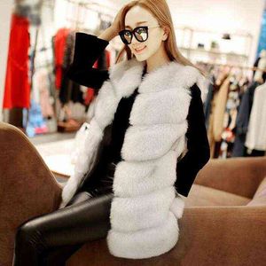 Kvinnor Faux Fur Vest Solid Färg Ärmlös Coat Horisontell Stripe Medium Long Casual Kvinna Vinter 211207
