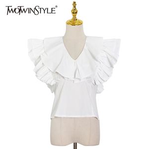 Casual White Ruffle Shirt för kvinnor V Nacke Ärmlös Slim Minimalistiska Blusar Kvinnor Sommar Mode Stil 210524