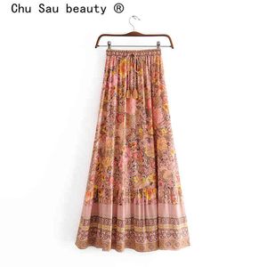 Chu Sau Beauty Fashion Boho Vintage Print Bomull Loose Midi Kjolar Kvinnor Holiday Elastic Midja Sommar Ladies Kjol 210508