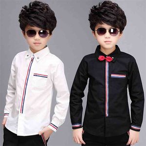 Teenage Boys Shirts Spring Cotton Long Sleeve Solid Shirt Kids White&Black Tops Teen School Bow Clothes 6 10 13 15Years 210713