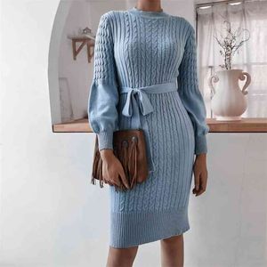 Inverno Autunno Maglione Dress O Neck Twist Soft Dress a maglia Dress da donna Lanterna Sleeve Sleep Sweater Hip Midi Vintage 210508