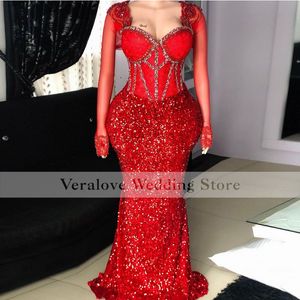 Sexy rotes Meerjungfrau-Abschlussballkleid 2021 mit langen Ärmeln, Pailletten, Perlen, afrikanische formelle Abendkleider, Cocktailparty-Kleidung, individuelle Größe