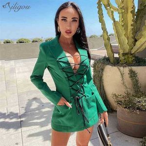 Damska Hollow Blazer V-Neck Z Długim Rękawem Czysta Kolor Koronki Sexy Letnia Moda Styl odzieżowy 210525