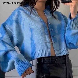 Korea Style Vintage blue Tie dye Big pin Cardigan Sweater Sexy V neck Long Sleeve Loose Short Jumper Coll girl Streetwear 210429