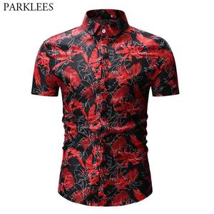 Camicia con stampa foglia 3D Uomo Estate manica corta Hawaiian Mens Casual Button Down Dress s per Holiday Chemise 3XL 210721