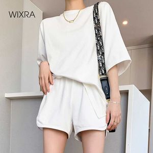 WIXRA Womens Basic Algodão T Shirt Conjuntos Verão O Neck T Tee + Cura Elástica Shorts Casual Thick Suits Wear 210707