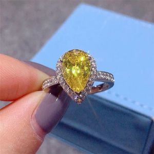 Ins Choucong Brand Wedding Rings Luxury Jewelry 925 Sterling Silver Yellow Water Drop 5A Cubic Zircon Eternity Party Women Engagement Bridal Ring Set Gift