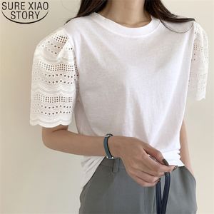 여름 느슨한 반팔 티셔츠 플러스 사이즈 셔츠 여성 탑스 한국어 O 넥 레이스 스티치 패션 의류 14161 210510