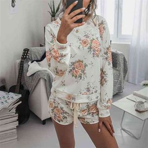 Autumn Floral Print Pajama Set Women Suit Lounge Wear Loungewear Home Long Sleeve Leopard Homewear Sleepwear 210809